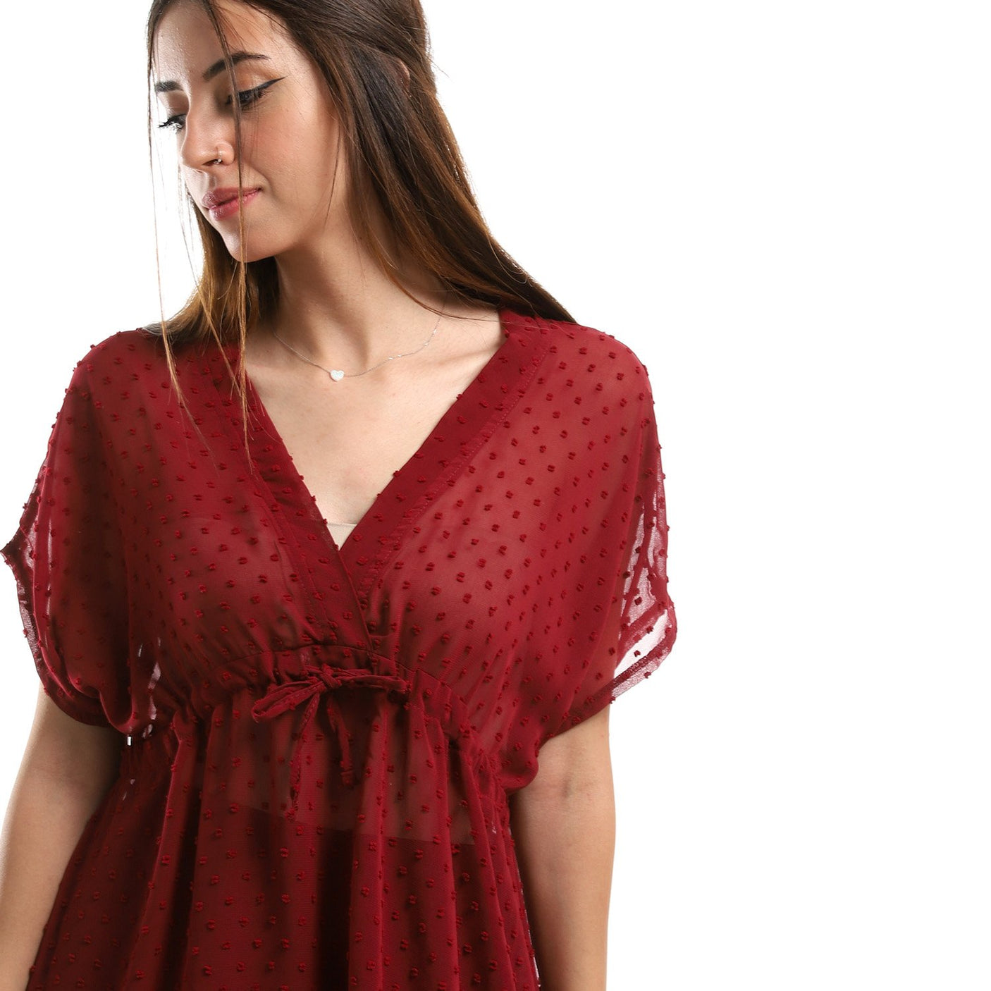 Red circle -  Self Stitches Sheer Short Sleeves Blouse