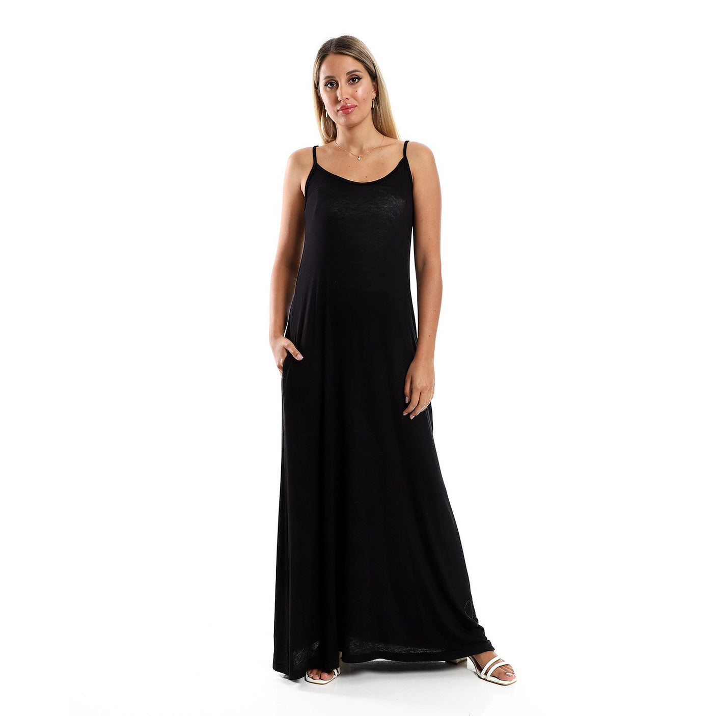 Red circle -  Spaghetti Sleeves Long Dress With Side Pockets