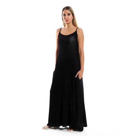 Red circle -  Spaghetti Sleeves Long Dress With Side Pockets