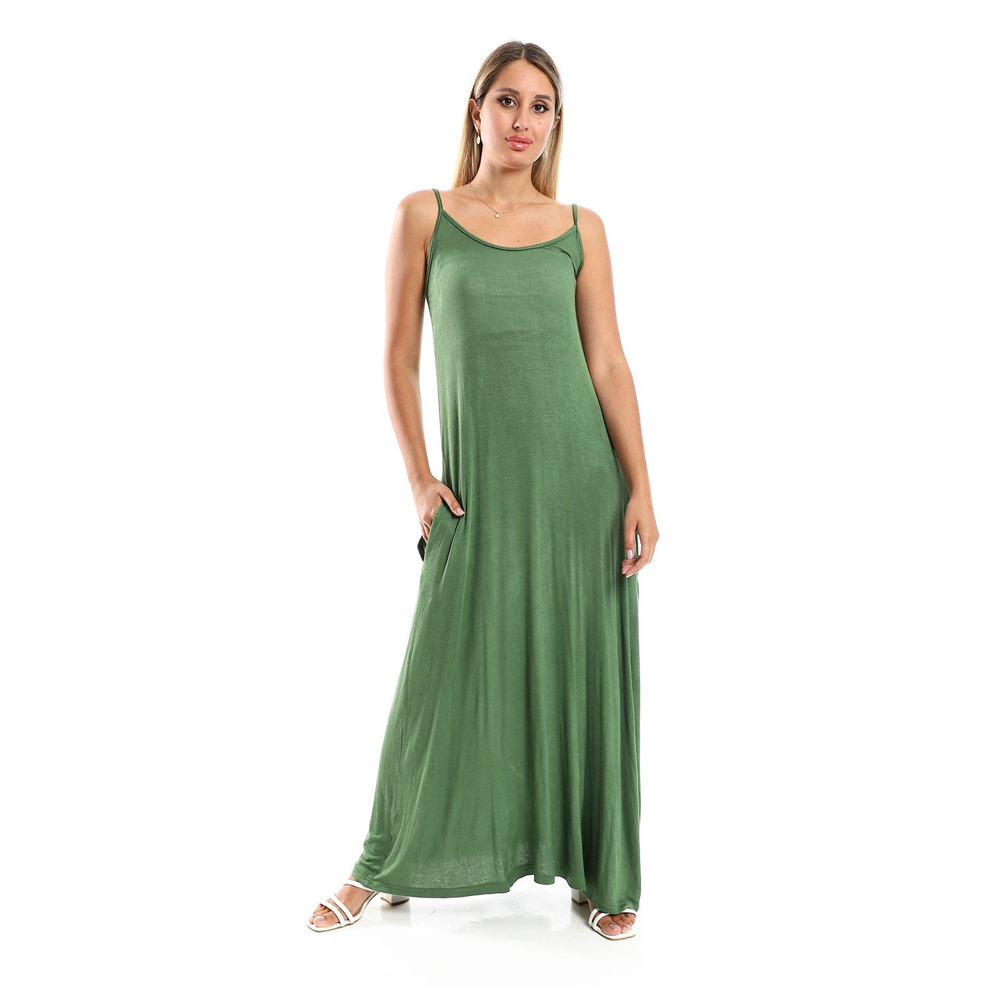 Red circle -  Spaghetti Sleeves Long Dress With Side Pockets