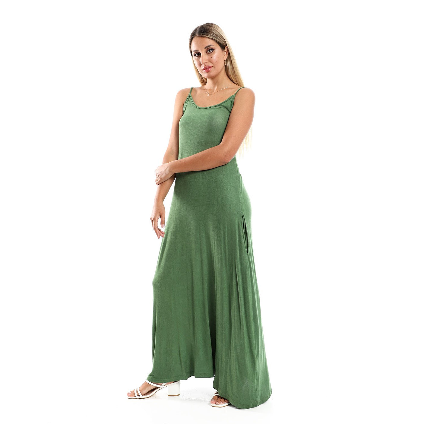 Red circle -  Spaghetti Sleeves Long Dress With Side Pockets