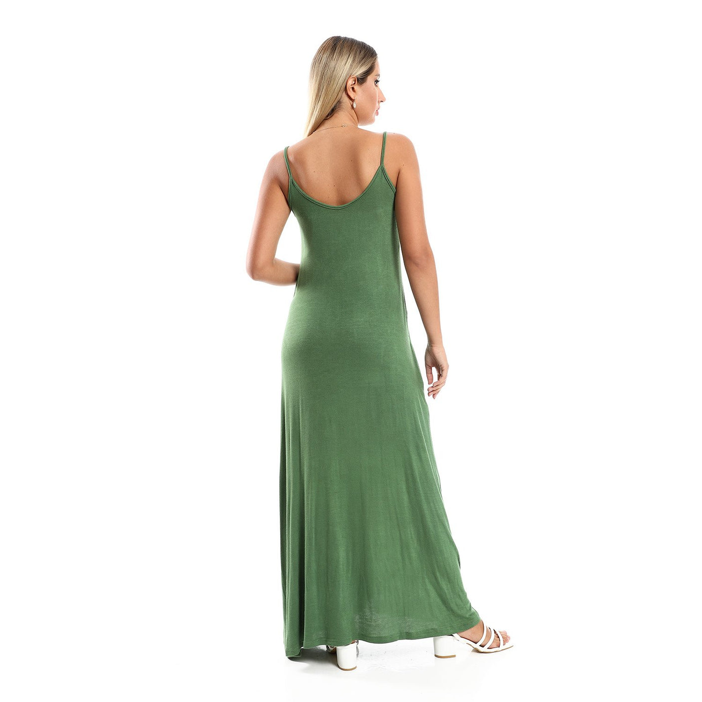 Red circle -  Spaghetti Sleeves Long Dress With Side Pockets