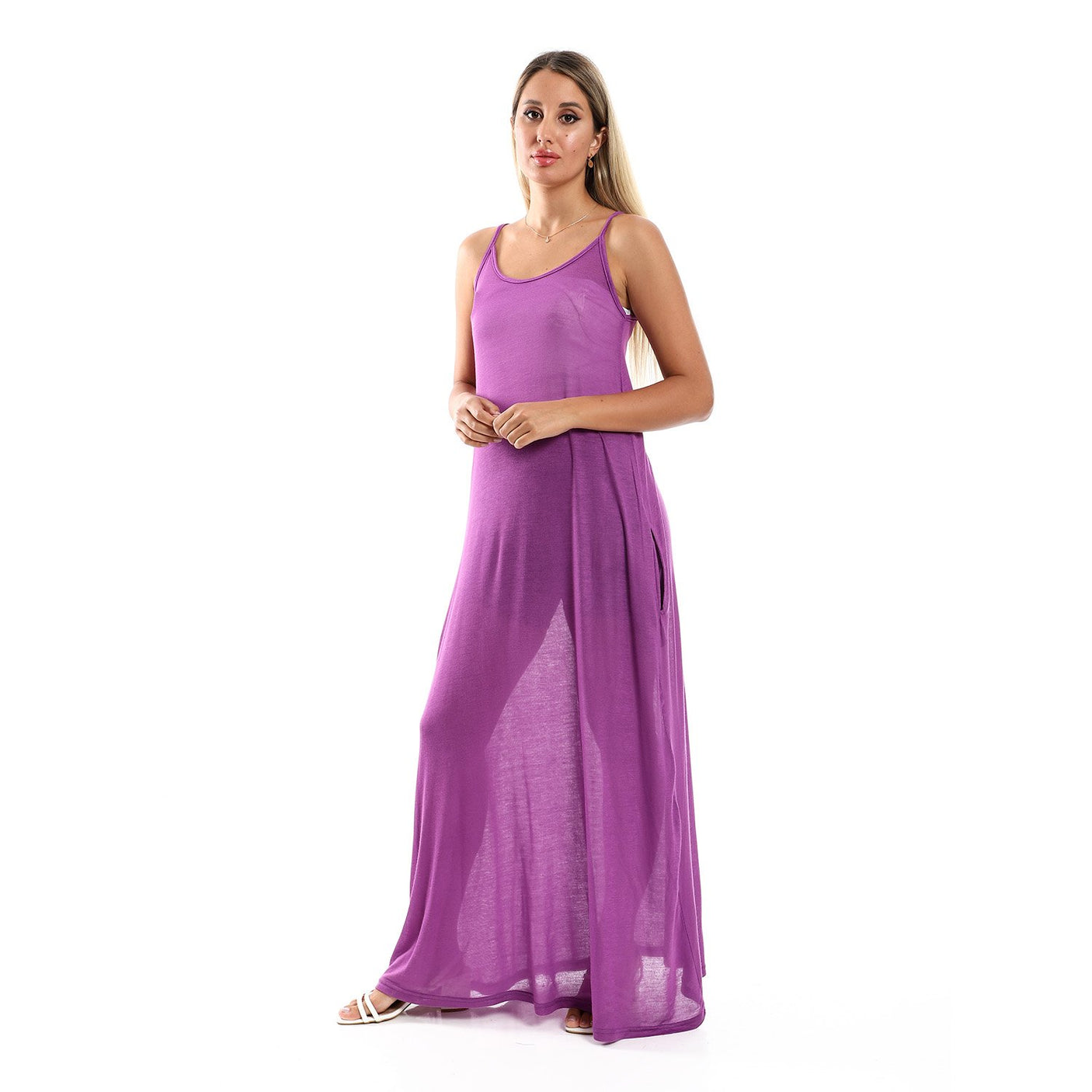 Red circle -  Spaghetti Sleeves Long Dress With Side Pockets