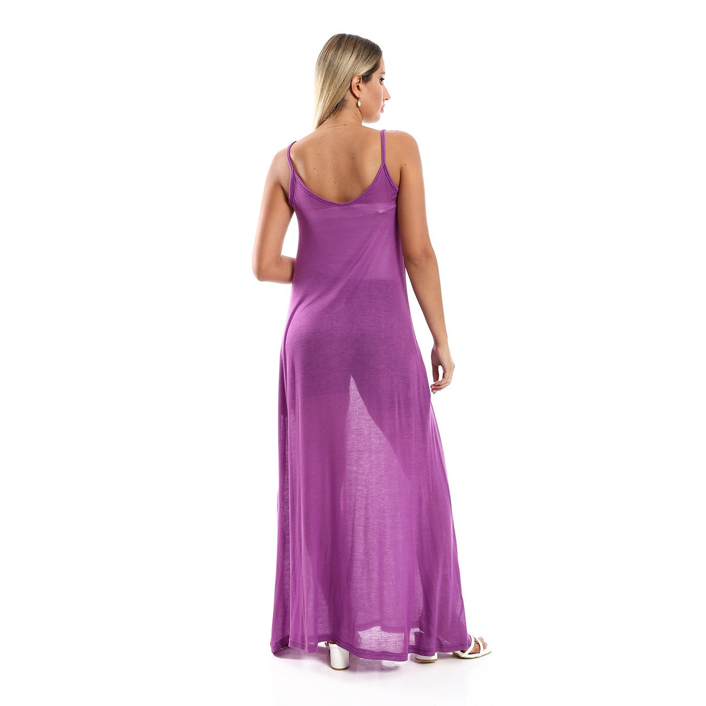 Red circle -  Spaghetti Sleeves Long Dress With Side Pockets