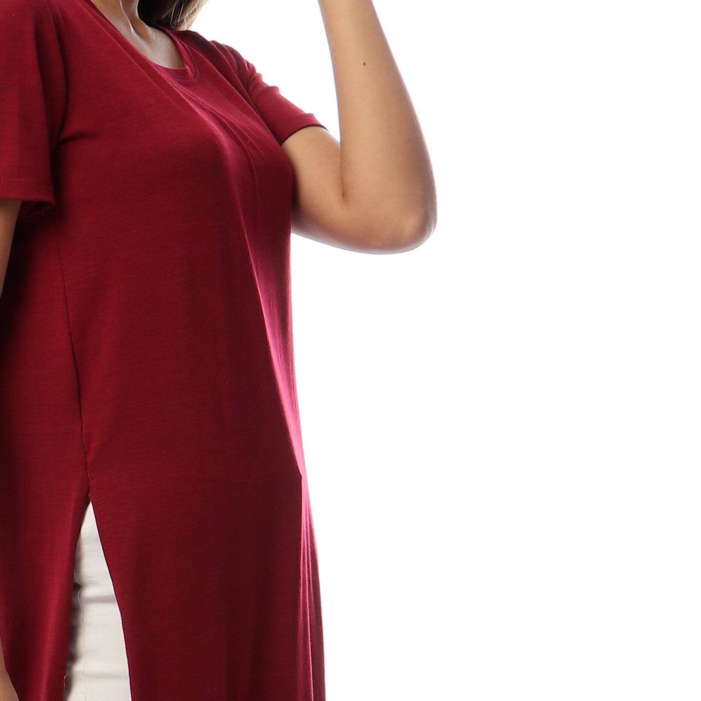 Red circle -  Solid Short Sleeves Top With Slits
