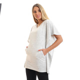 Red circle -  Kangroo Pocket Short Sleeves Top - Heather Light Grey