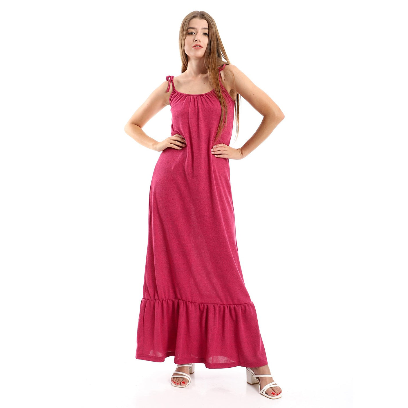 Red circle -  Spaghetti Sleeves Heather Tiered Casual Dress