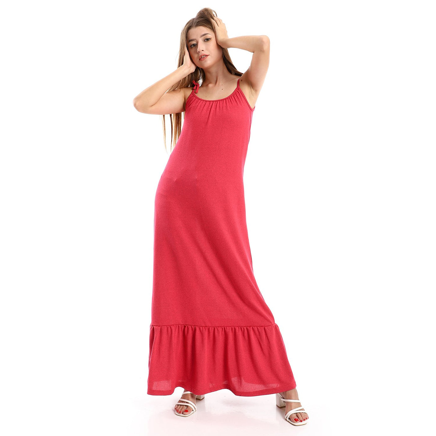 Red circle -  Spaghetti Sleeves Heather Tiered Casual Dress