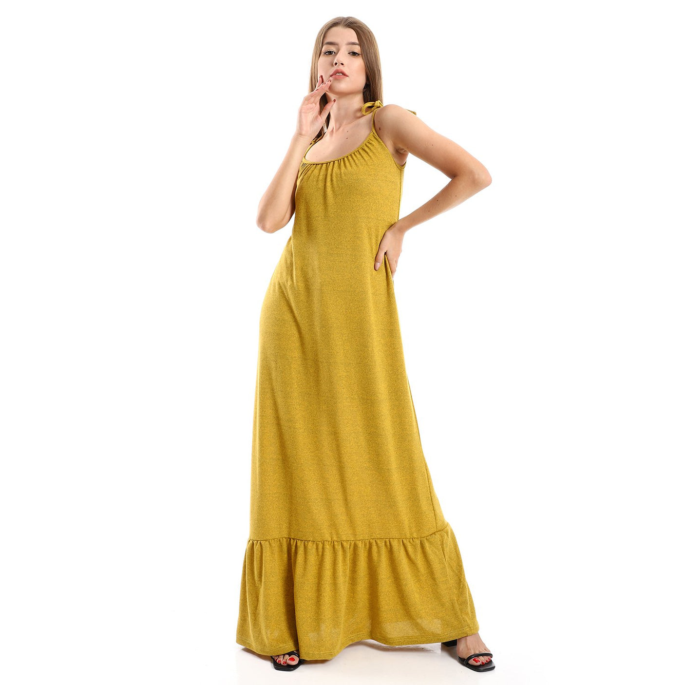 Red circle -  Spaghetti Sleeves Heather Tiered Casual Dress