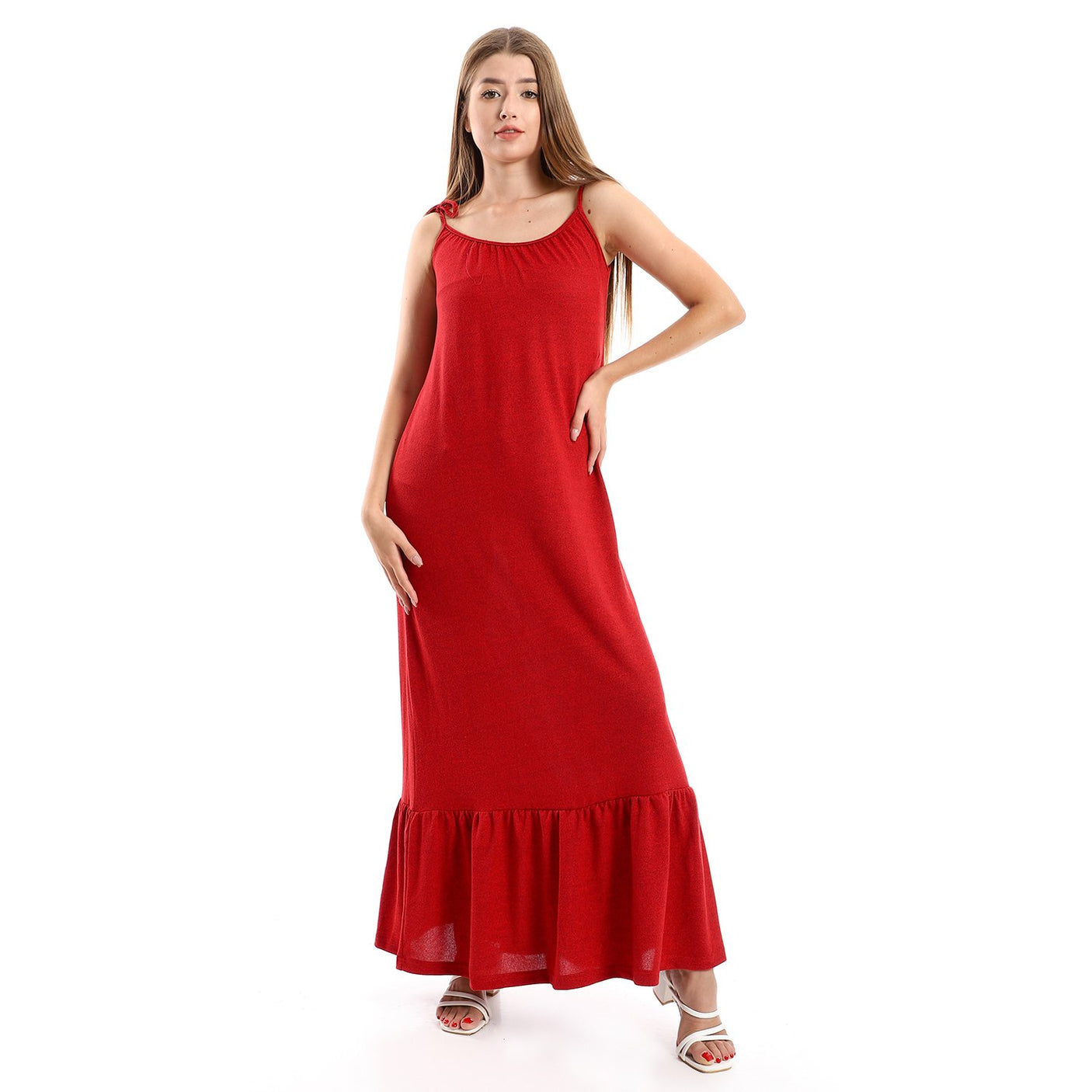 Red circle -  Spaghetti Sleeves Heather Tiered Casual Dress