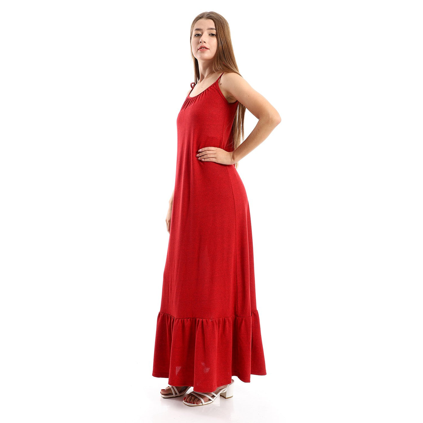 Red circle -  Spaghetti Sleeves Heather Tiered Casual Dress