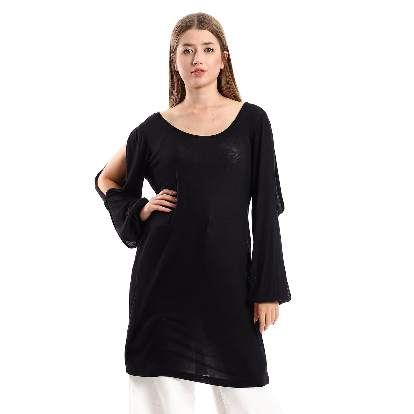 Red circle -  Wide Round Collar Tunic With Sided Sleeves Slits