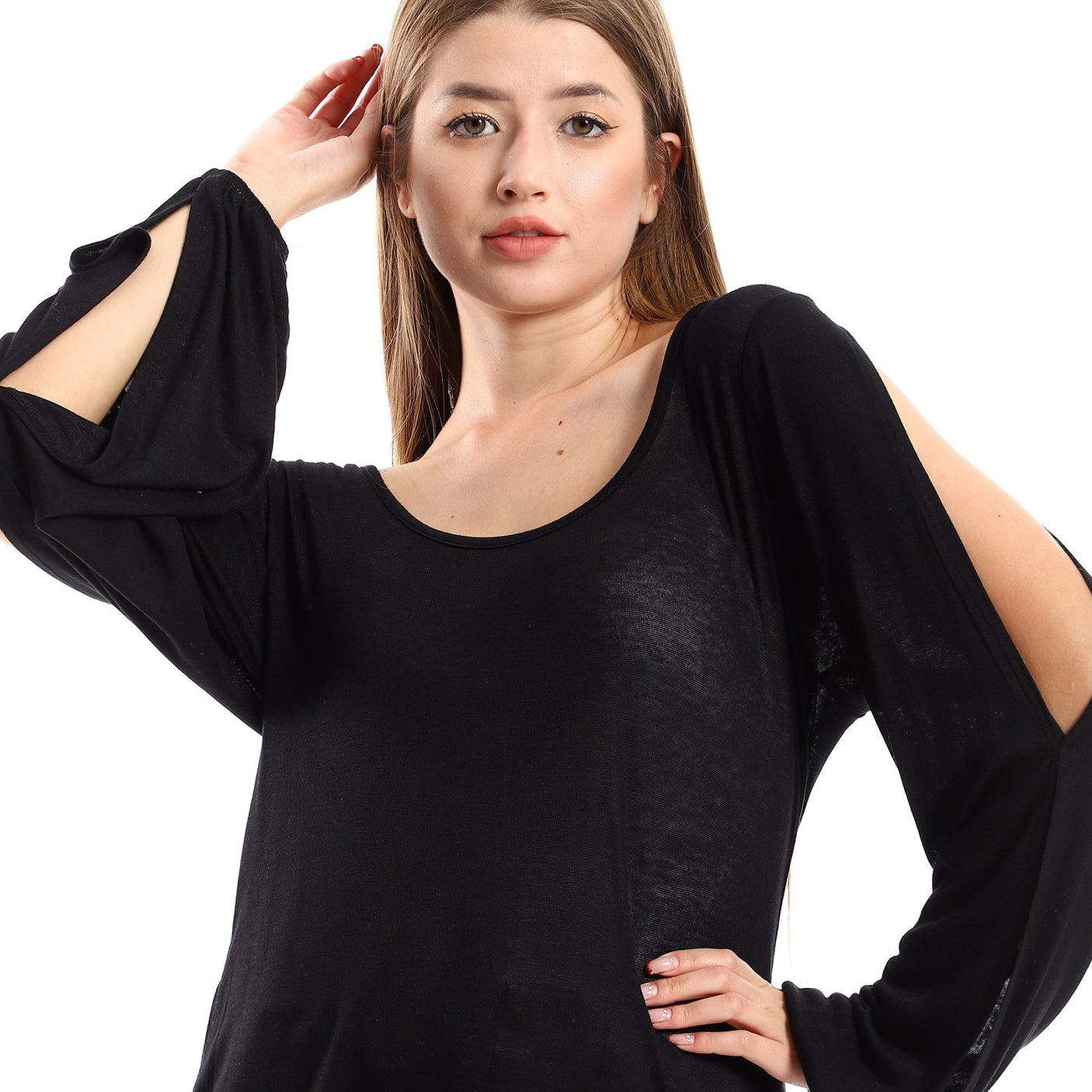 Red circle -  Wide Round Collar Tunic With Sided Sleeves Slits
