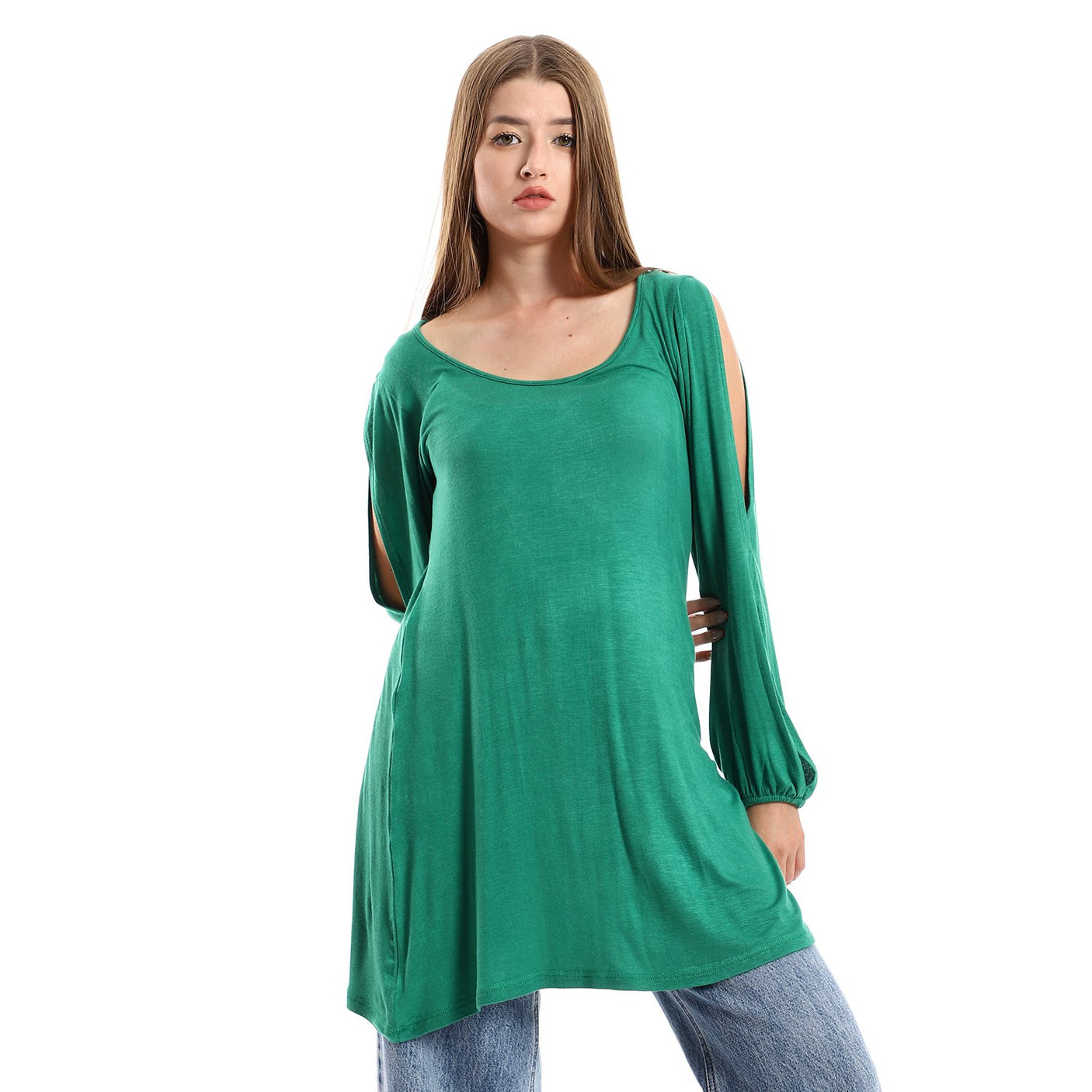 Red circle -  Wide Round Collar Tunic With Sided Sleeves Slits