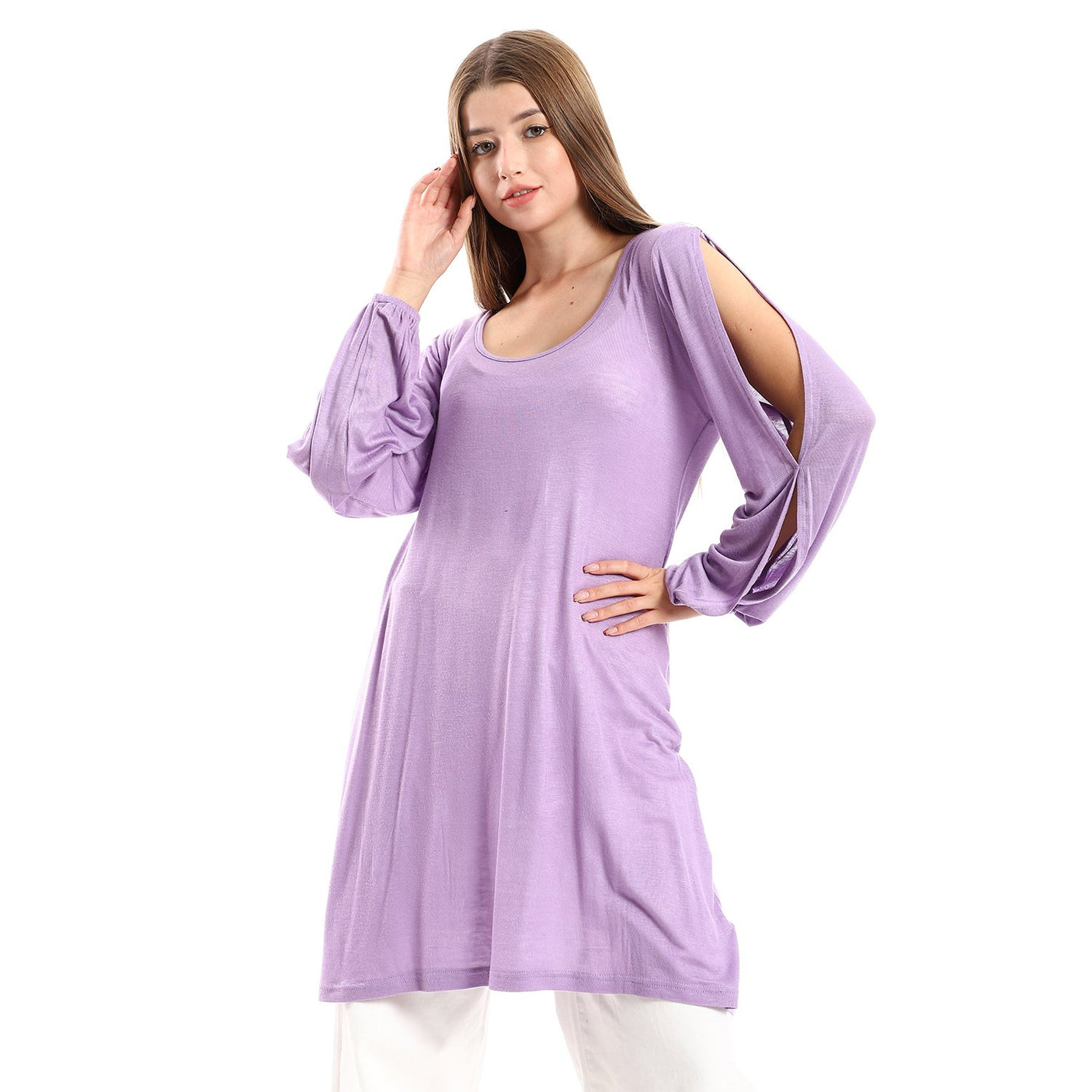 Red circle -  Wide Round Collar Tunic With Sided Sleeves Slits