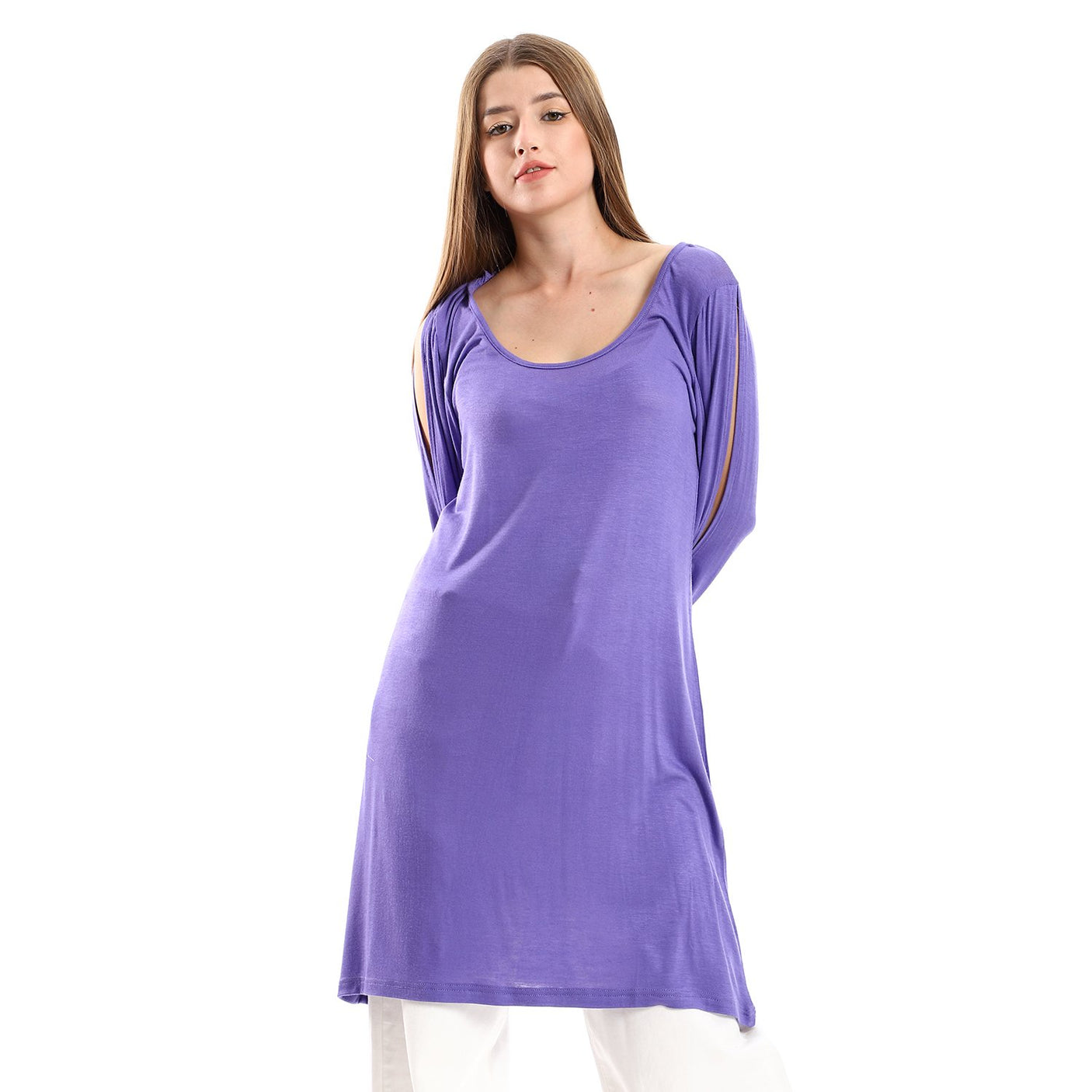 Red circle -  Wide Round Collar Tunic With Sided Sleeves Slits