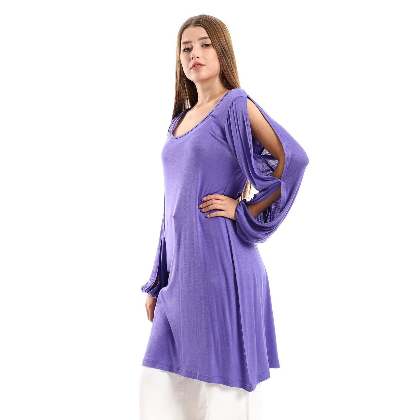 Red circle -  Wide Round Collar Tunic With Sided Sleeves Slits