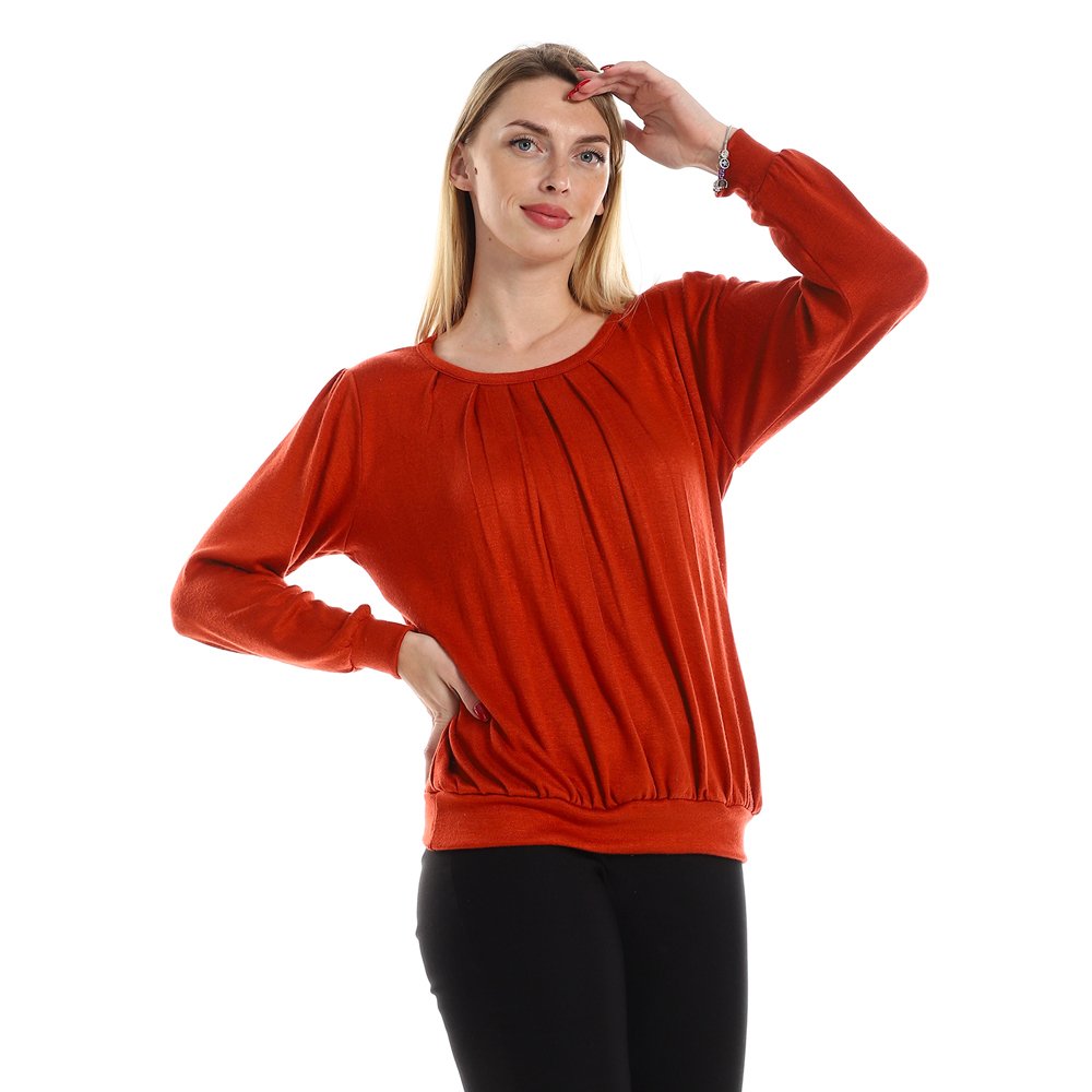 Red circle -  Knitted Round Neck Sweater With Decorative Hem