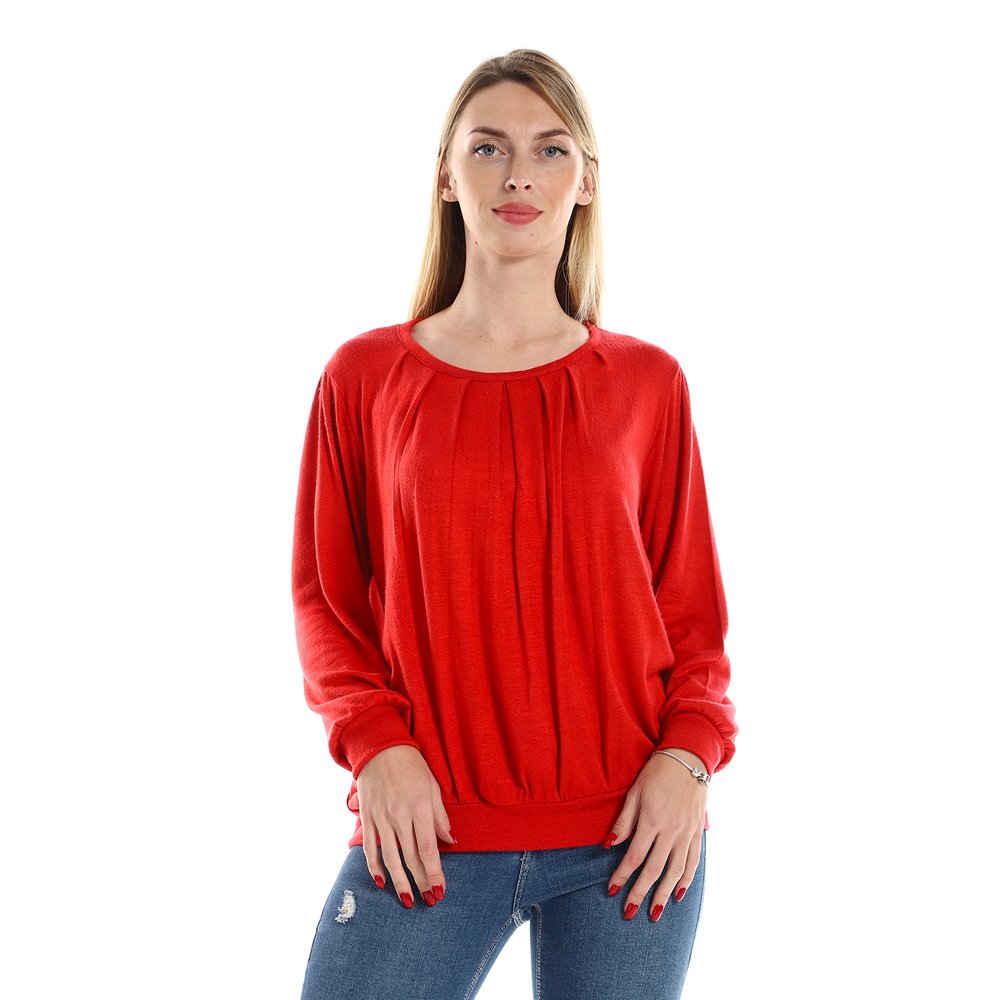 Red circle -  Knitted Round Neck Sweater With Decorative Hem