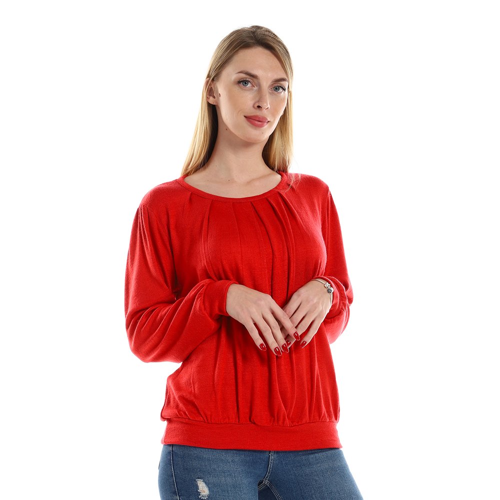 Red circle -  Knitted Round Neck Sweater With Decorative Hem