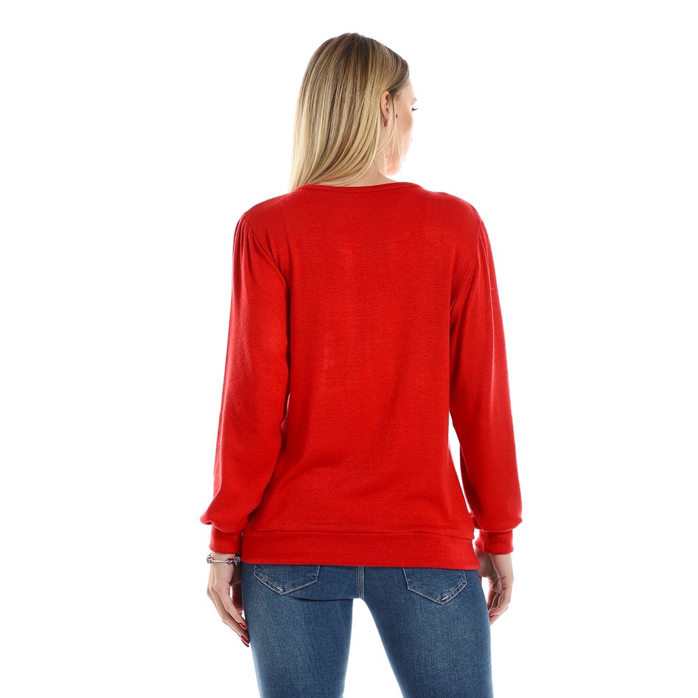 Red circle -  Knitted Round Neck Sweater With Decorative Hem