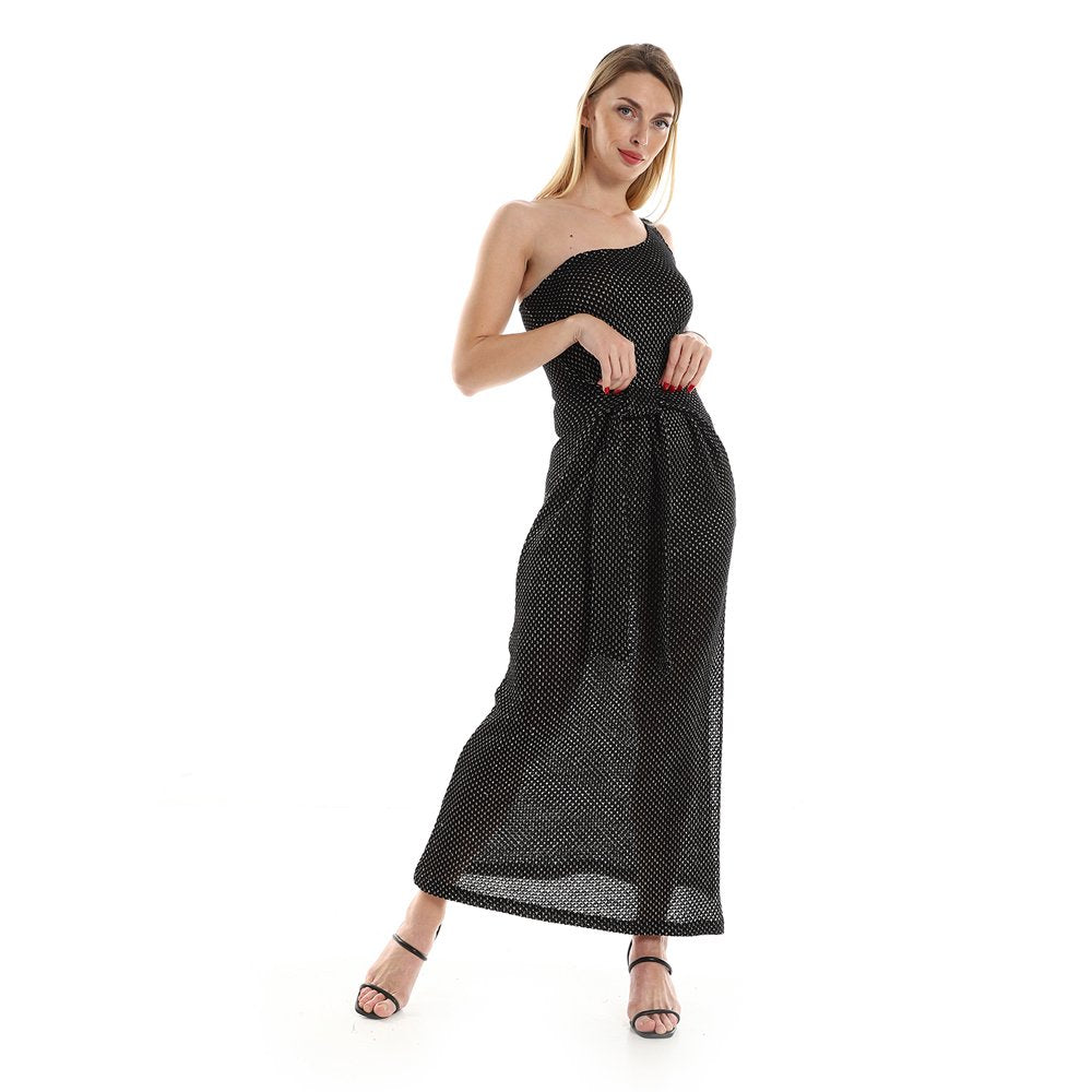 Red circle -  One Shoulder Knitted Pattern Casual Dress With Decorated Belt