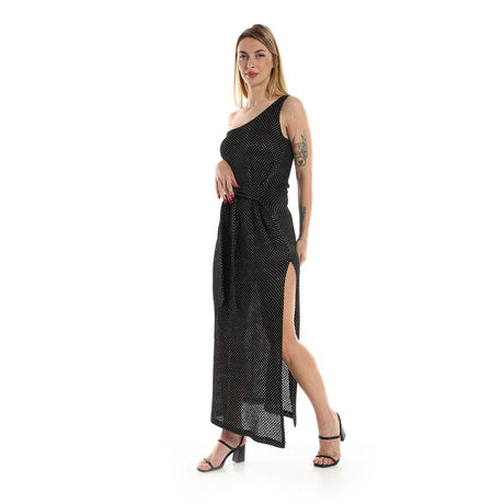 Red circle -  One Shoulder Knitted Pattern Casual Dress With Decorated Belt