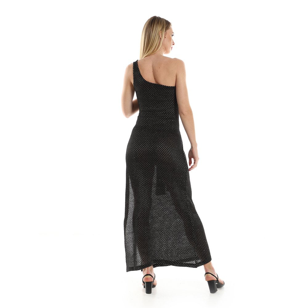 Red circle -  One Shoulder Knitted Pattern Casual Dress With Decorated Belt