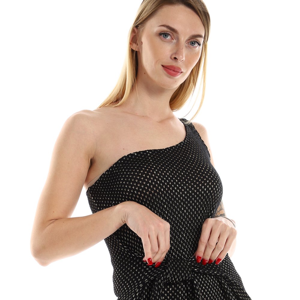 Red circle -  One Shoulder Knitted Pattern Casual Dress With Decorated Belt