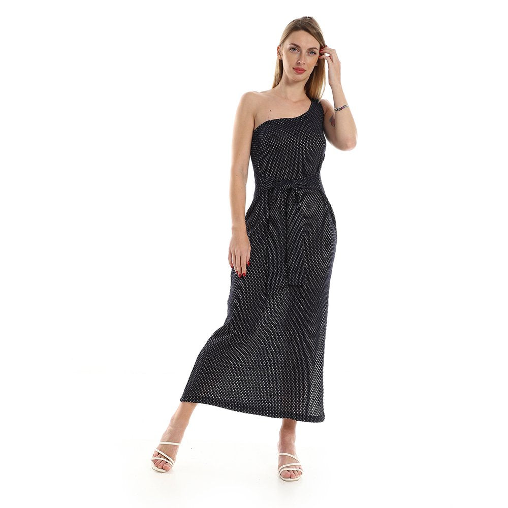 Red circle -  One Shoulder Knitted Pattern Casual Dress With Decorated Belt
