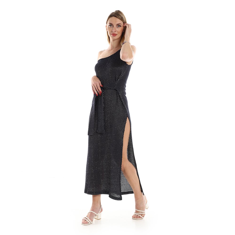 Red circle -  One Shoulder Knitted Pattern Casual Dress With Decorated Belt
