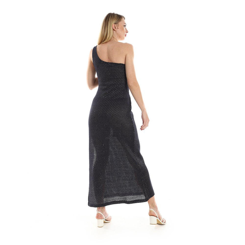 Red circle -  One Shoulder Knitted Pattern Casual Dress With Decorated Belt