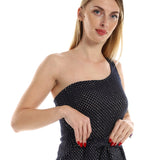 Red circle -  One Shoulder Knitted Pattern Casual Dress With Decorated Belt