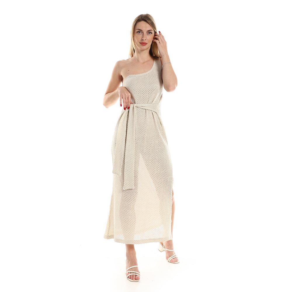 Red circle -  One Shoulder Knitted Pattern Casual Dress With Decorated Belt