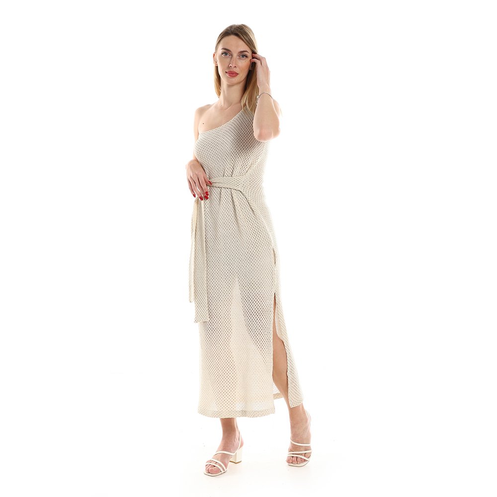 Red circle -  One Shoulder Knitted Pattern Casual Dress With Decorated Belt