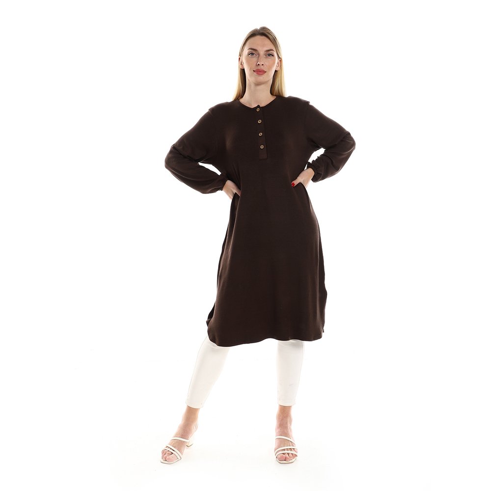 Red circle -  Regular Fit Knitted Pattern Dark Brown Tunic With Elastic Down Sleeves