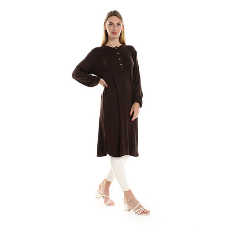 Red circle -  Regular Fit Knitted Pattern Dark Brown Tunic With Elastic Down Sleeves