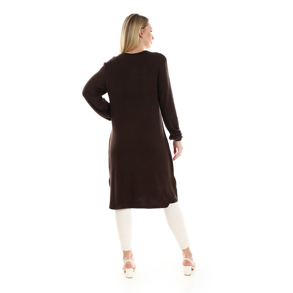 Red circle -  Regular Fit Knitted Pattern Dark Brown Tunic With Elastic Down Sleeves