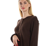 Red circle -  Regular Fit Knitted Pattern Dark Brown Tunic With Elastic Down Sleeves