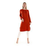 Red circle -  Regular Fit Knitted Pattern Dark Brown Tunic With Elastic Down Sleeves