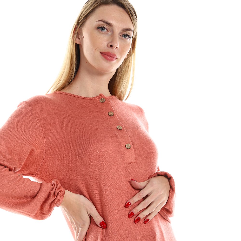 Red circle -  Regular Fit Knitted Pattern Dark Brown Tunic With Elastic Down Sleeves