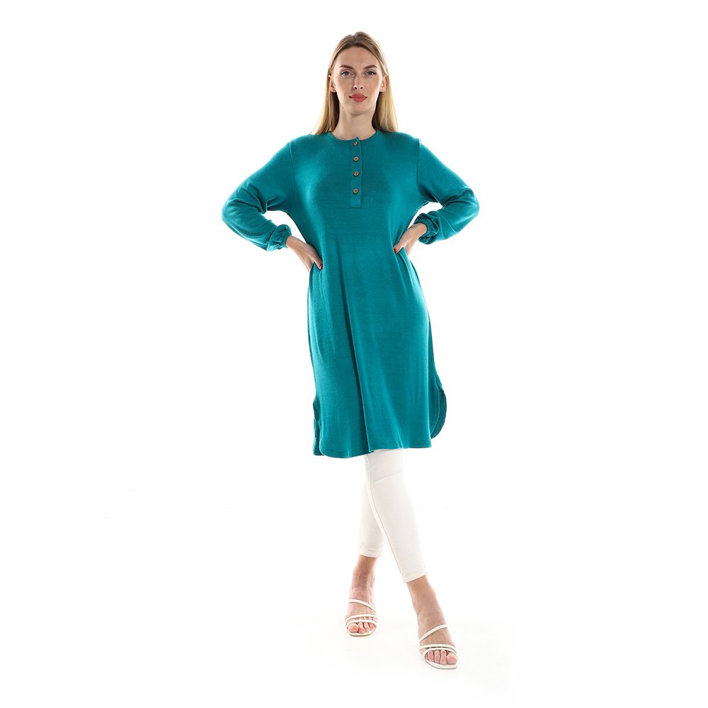 Red circle -  Regular Fit Knitted Pattern Dark Brown Tunic With Elastic Down Sleeves