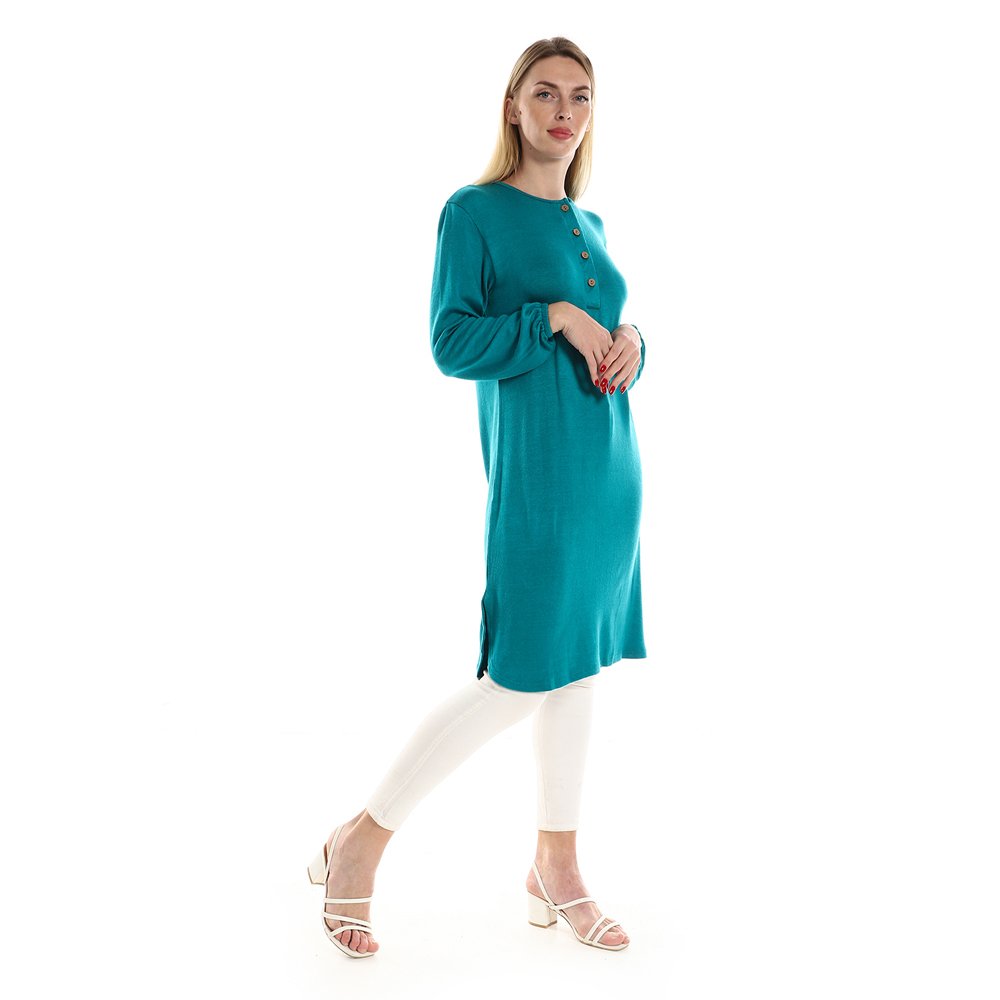 Red circle -  Regular Fit Knitted Pattern Dark Brown Tunic With Elastic Down Sleeves