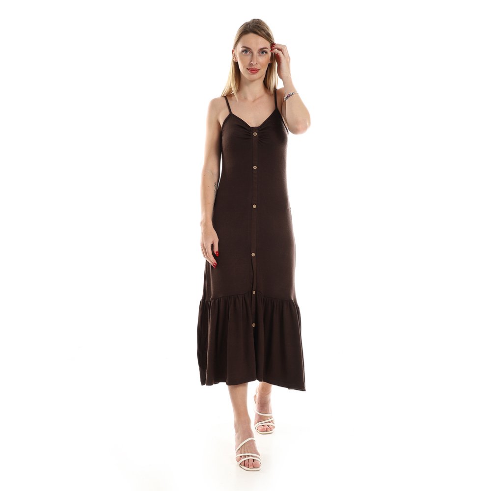 Red circle -  Spaghetti Sleeves Knitted Pattern Casual Dress With Decorative Buttons