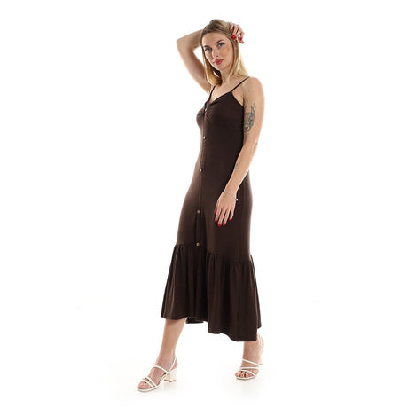 Red circle -  Spaghetti Sleeves Knitted Pattern Casual Dress With Decorative Buttons