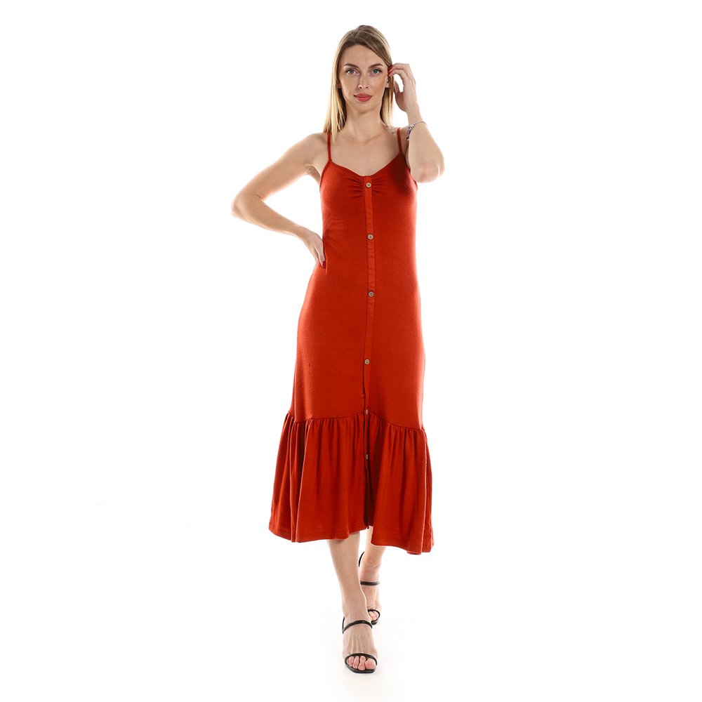 Red circle -  Spaghetti Sleeves Knitted Pattern Casual Dress With Decorative Buttons