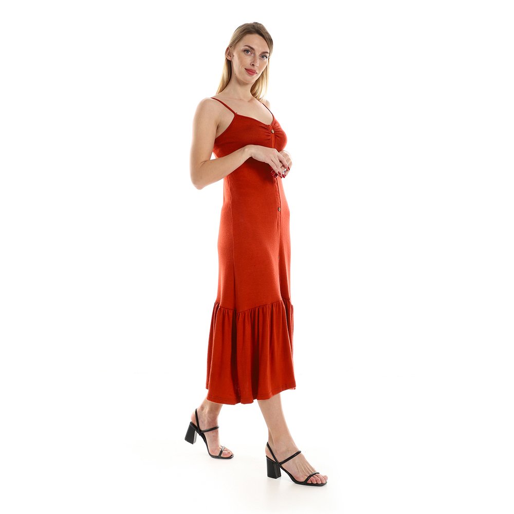 Red circle -  Spaghetti Sleeves Knitted Pattern Casual Dress With Decorative Buttons