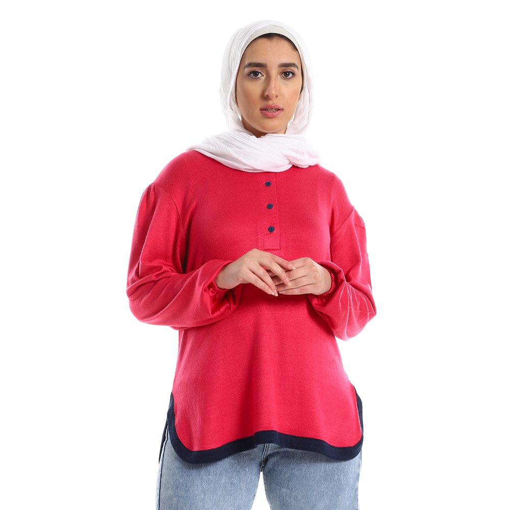 Red circle -  Upper Buttoned Fuchsia Long Sleeves Top