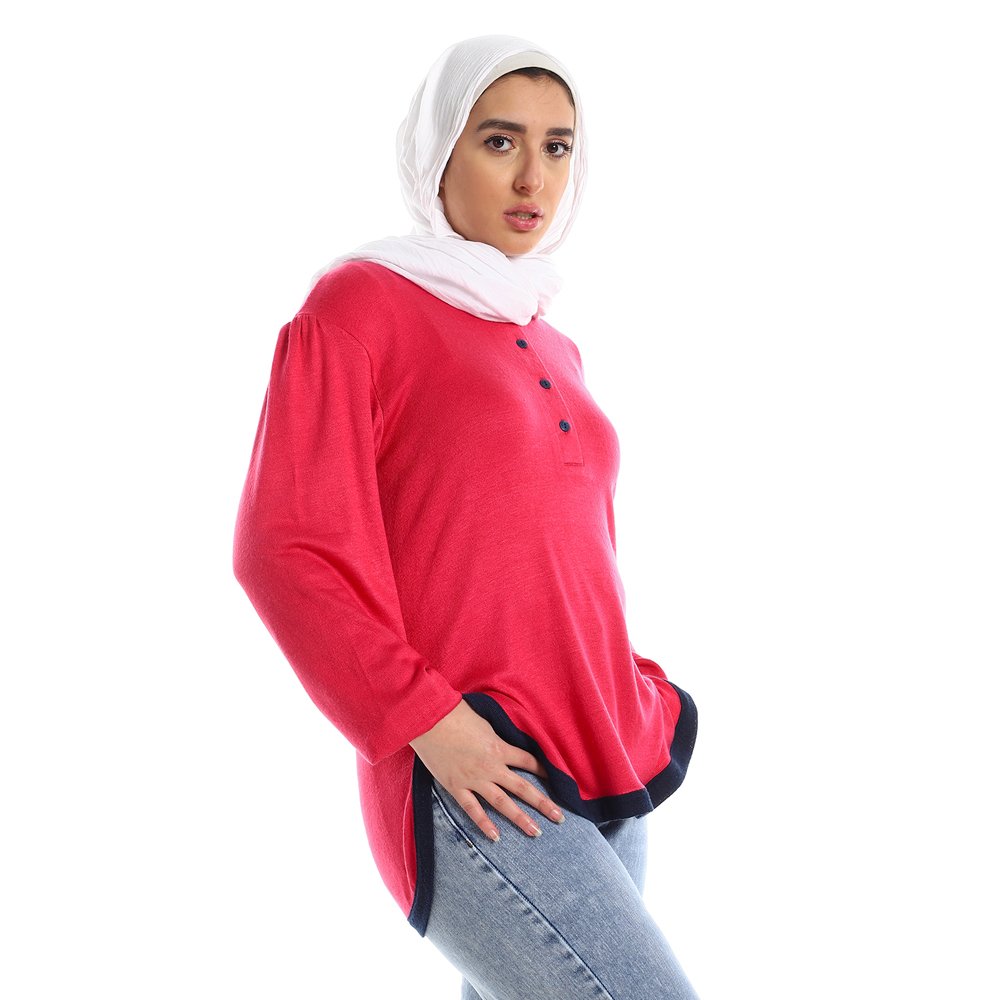 Red circle -  Upper Buttoned Fuchsia Long Sleeves Top