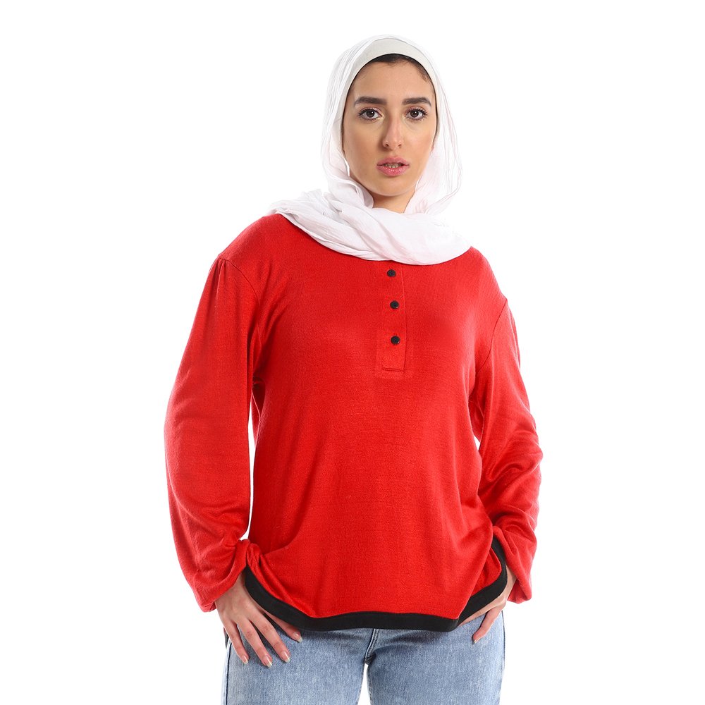 Red circle -  Upper Buttoned Fuchsia Long Sleeves Top